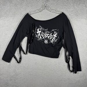 ROMWE Women Black Goth Graphic Off‎ Shoulder O-Ring Strap Crop Top Large